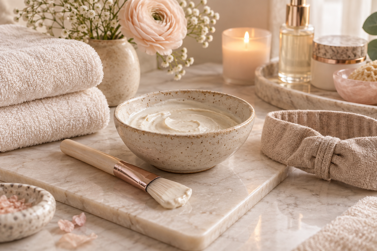 Cream facial mask in a ceramic bowl with brush and towels
