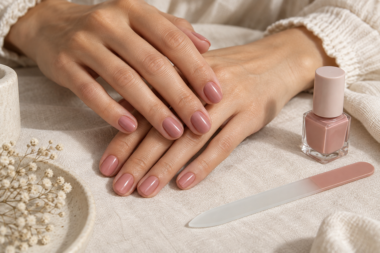 Dusty rose manicure beside a glass nail file and polish bottle