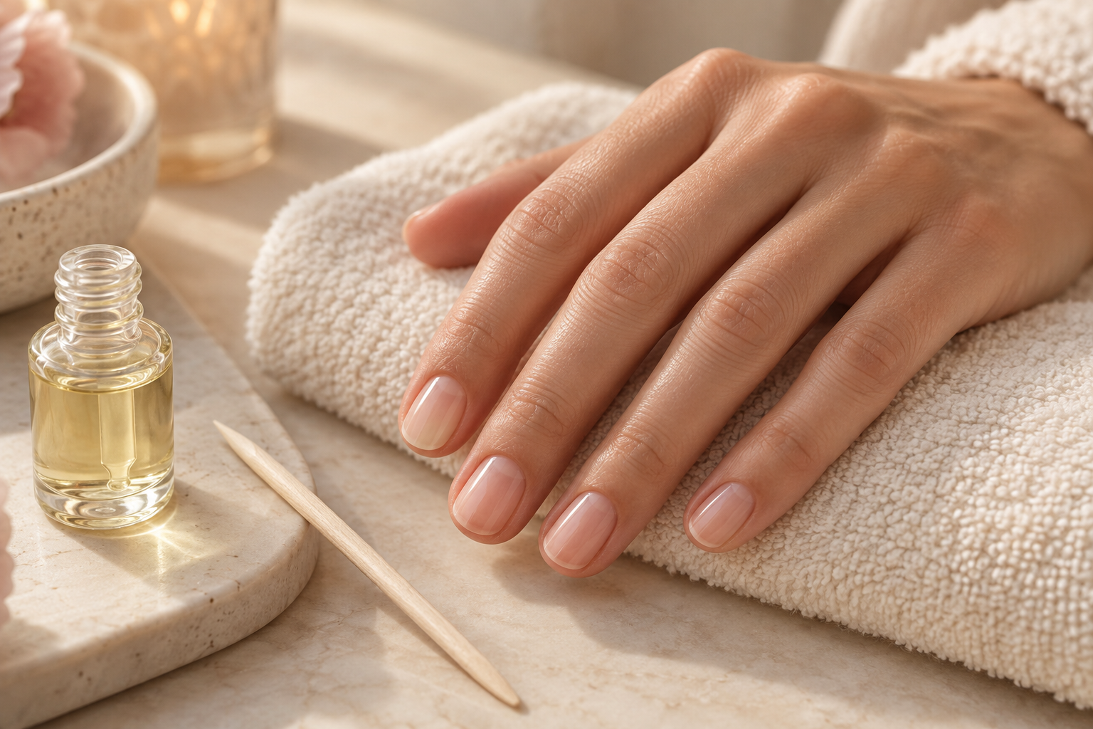 Natural manicure beside cuticle oil and a wooden manicure stick