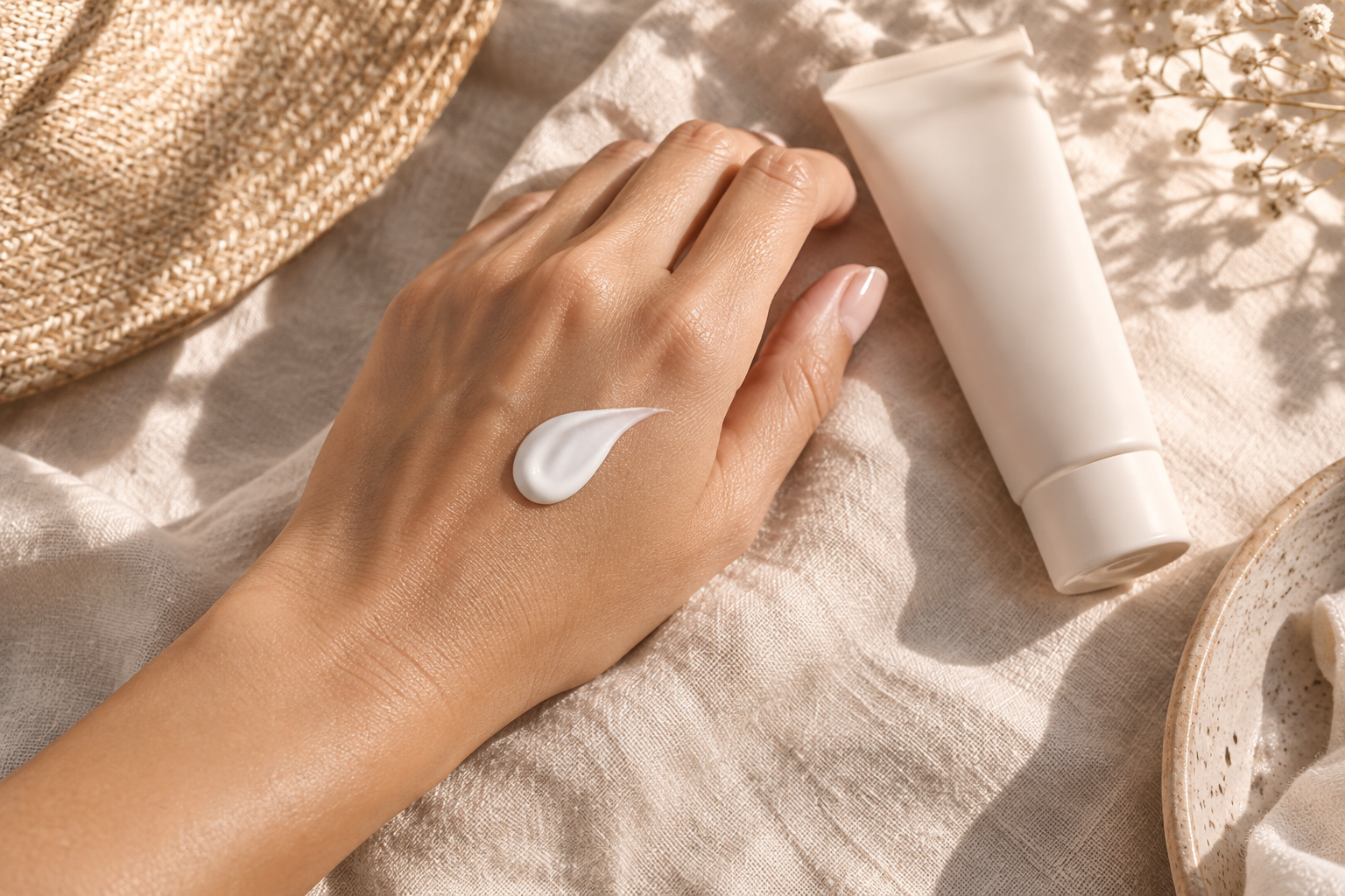 Sunscreen on the back of a hand beside a sunscreen tube
