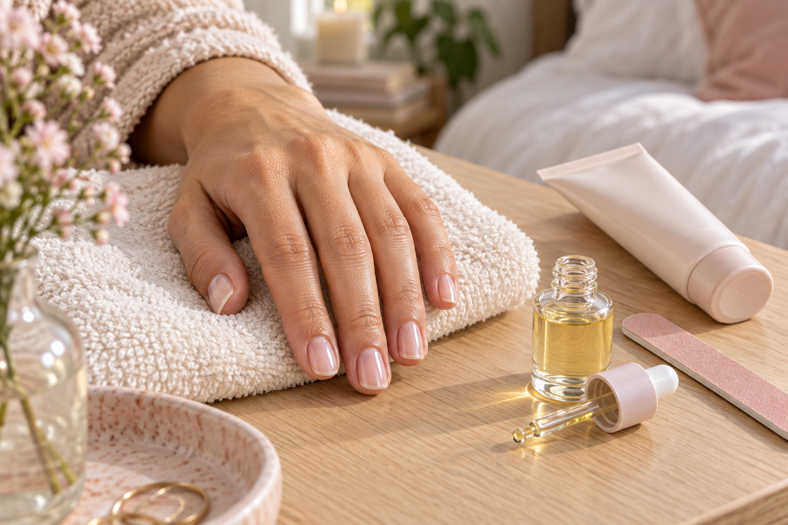 Manicured hand beside cuticle oil, hand cream and a nail file on a soft towel