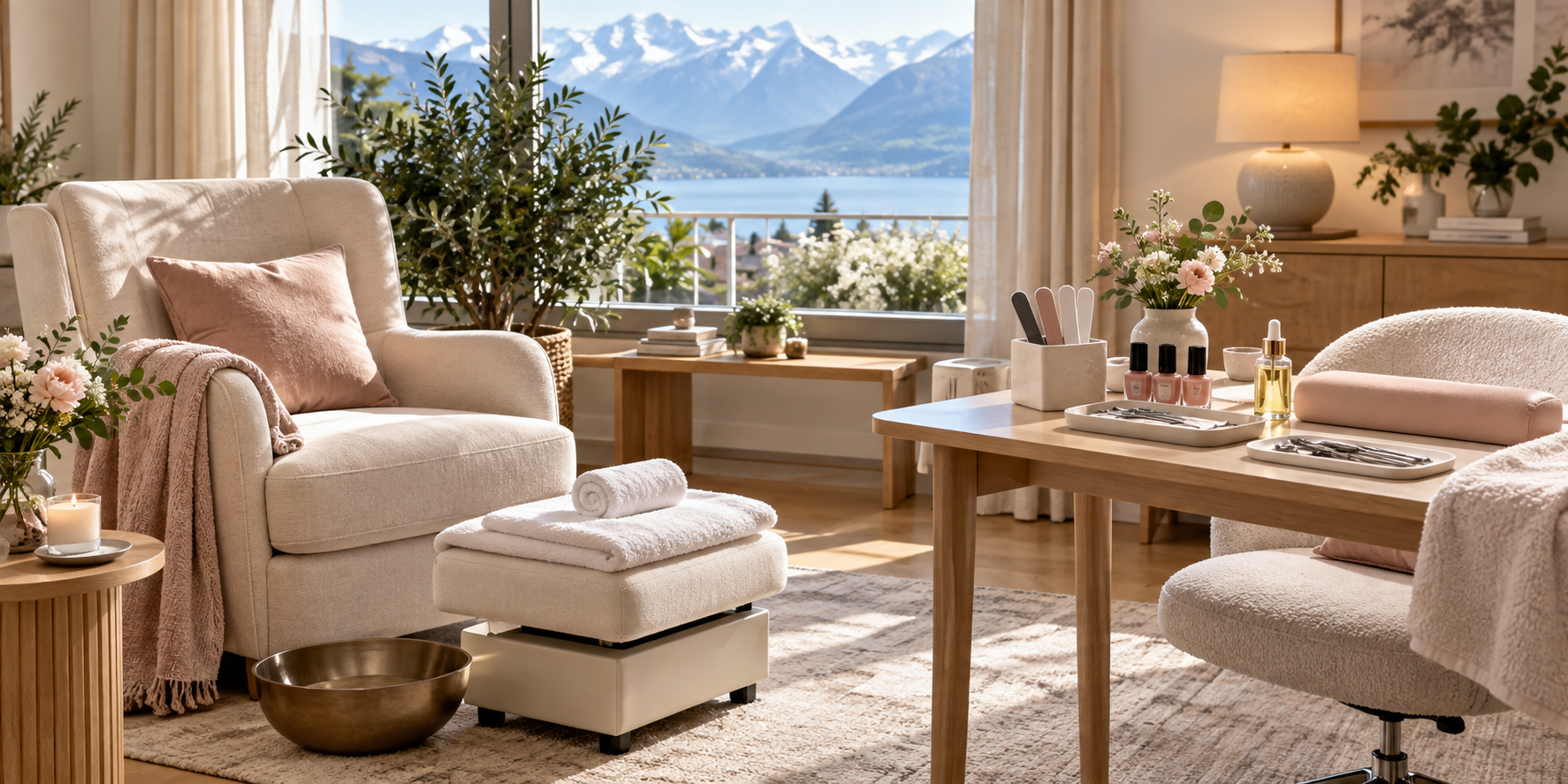 Illustrative home manicure and pedicure setup with fresh towels and soft natural light